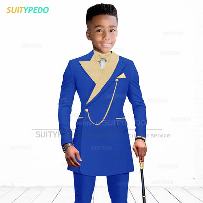 Brief Kids Suit Set  Formal Evening Prom Boys Stylish Gold Lapel Blazer And Pants Two Pieces Children Baptism Formal Costumes