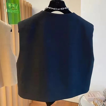 Fashion Irregular V-neck Suit Vests Tops Women 2025 New Summer Unique Buttons Solid All-match Sleeveless Waistcoats Female