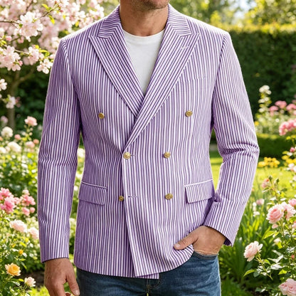 Vintage Men's Striped Double Breasted Blazer Casual Business Suit Jacket Lightweight Notched Lapel Sport Coat Wedding Party Wear