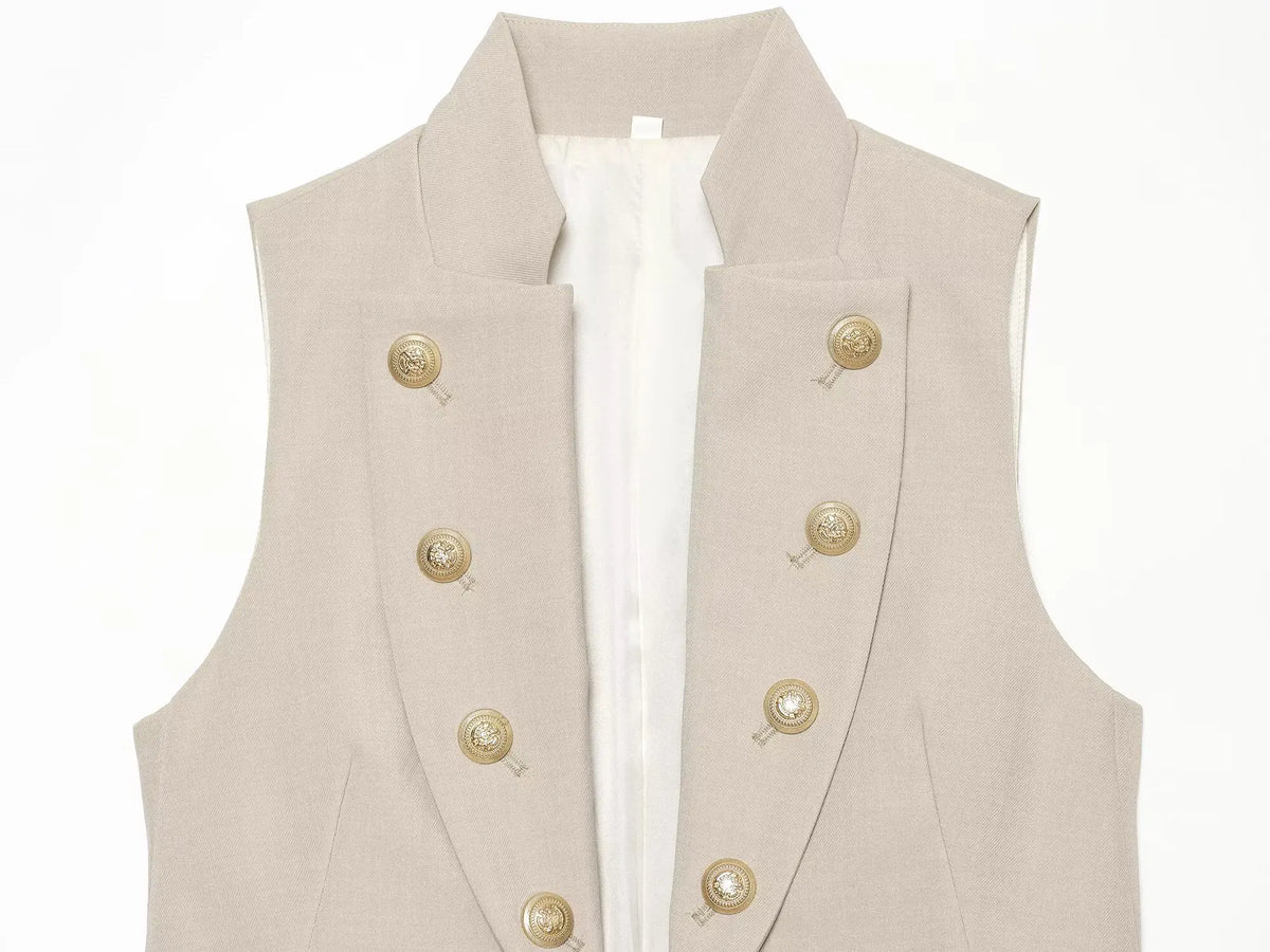 2026 Elegant Office Women Sleeveless Waistcoat Lapel Double Breasted Metal Gold Button Flap Pockets Slim Business Suit Vest