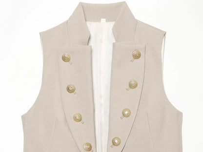 2026 Elegant Office Women Sleeveless Waistcoat Lapel Double Breasted Metal Gold Button Flap Pockets Slim Business Suit Vest