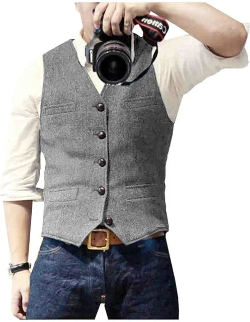 Men's Waistcoat Herringbone Wool Blend V-Neck Single Breasted Vest for Weddings and Smart Casual