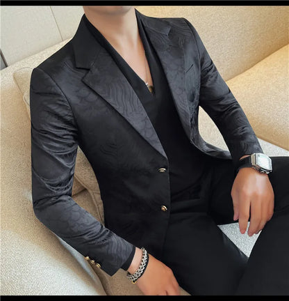 Luxury Jacquard Casual Suit Jacket for Men Autumn Korean Fashion Business Social Blazers Handsome Office Wedding Dress Jacket