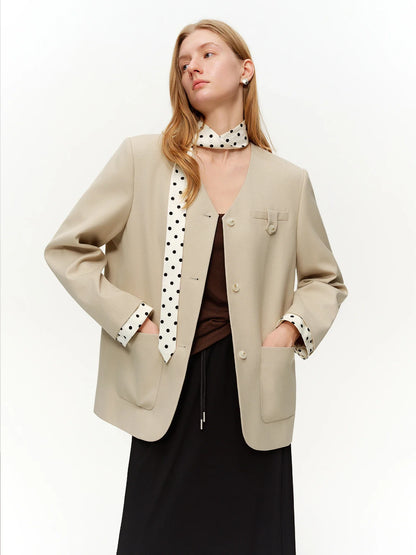 2025 Women's Black Polka Dot Blazer Spring New V-Neck Ribbon Bow Tie Long Sleeve Slim Jacket Retro Office Chic Outerwear