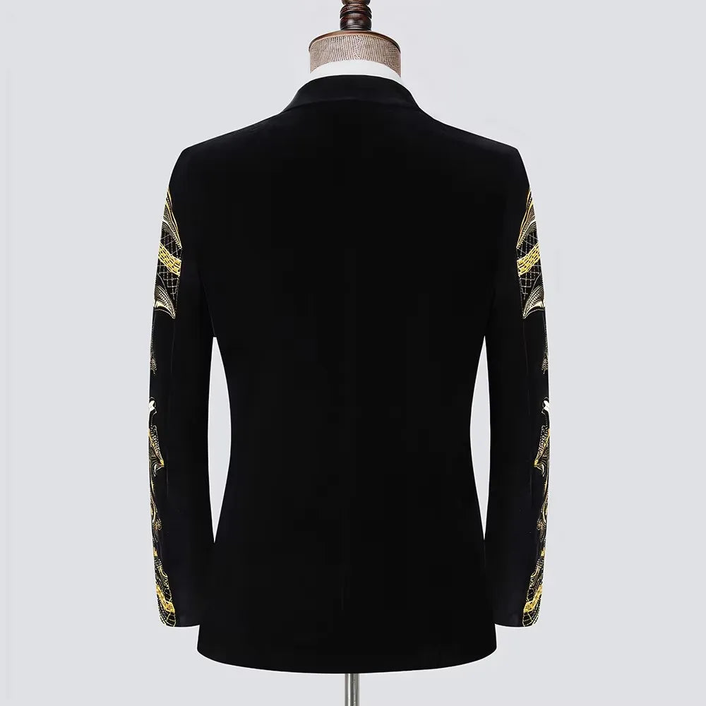 Men's Luxury Slim Black Velvet Embroidery Wedding Suit Jacket Fit Tuxedo Blazer Stylish Groom Banquet Singer Host Stage Clothing