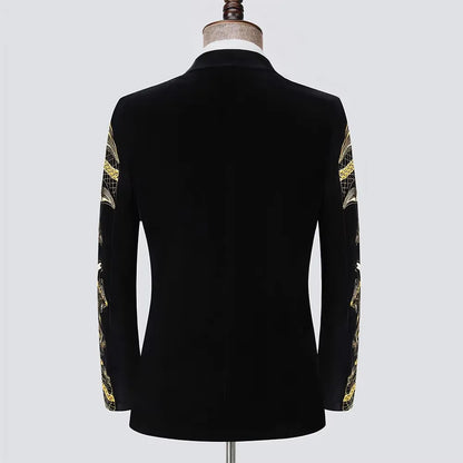 Men's Luxury Slim Black Velvet Embroidery Wedding Suit Jacket Fit Tuxedo Blazer Stylish Groom Banquet Singer Host Stage Clothing