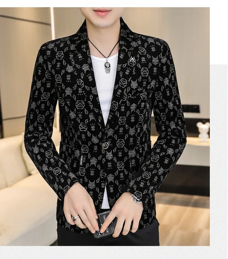Blazer New Men's Fashion Corduroy Business Gentleman Slim Letter English Style Outdoor Performance Wedding Banquet Casual Blazer