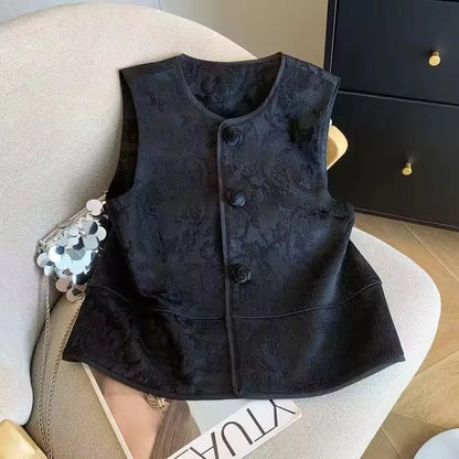 Vintage Chinese Jacquard Vest Jacket Women 2025 New Spring Summer  Rose Button Sleeveless Waistcoat Chic Female Top