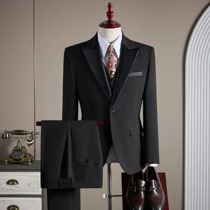 Men Suit Black 3 Piece Single Breasted With Bright Lapel For Wedding Groom Banquet Party Prom Business Work Jacket Vest Pants