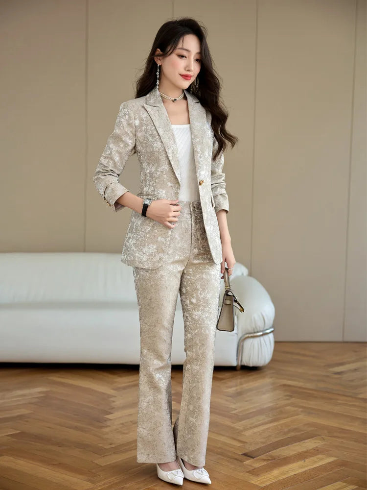 Fashion Apricot Printing Women Pant Suit Elegant Business Office Ladies 2 Piece Set Female Formal Blazer And Trouser