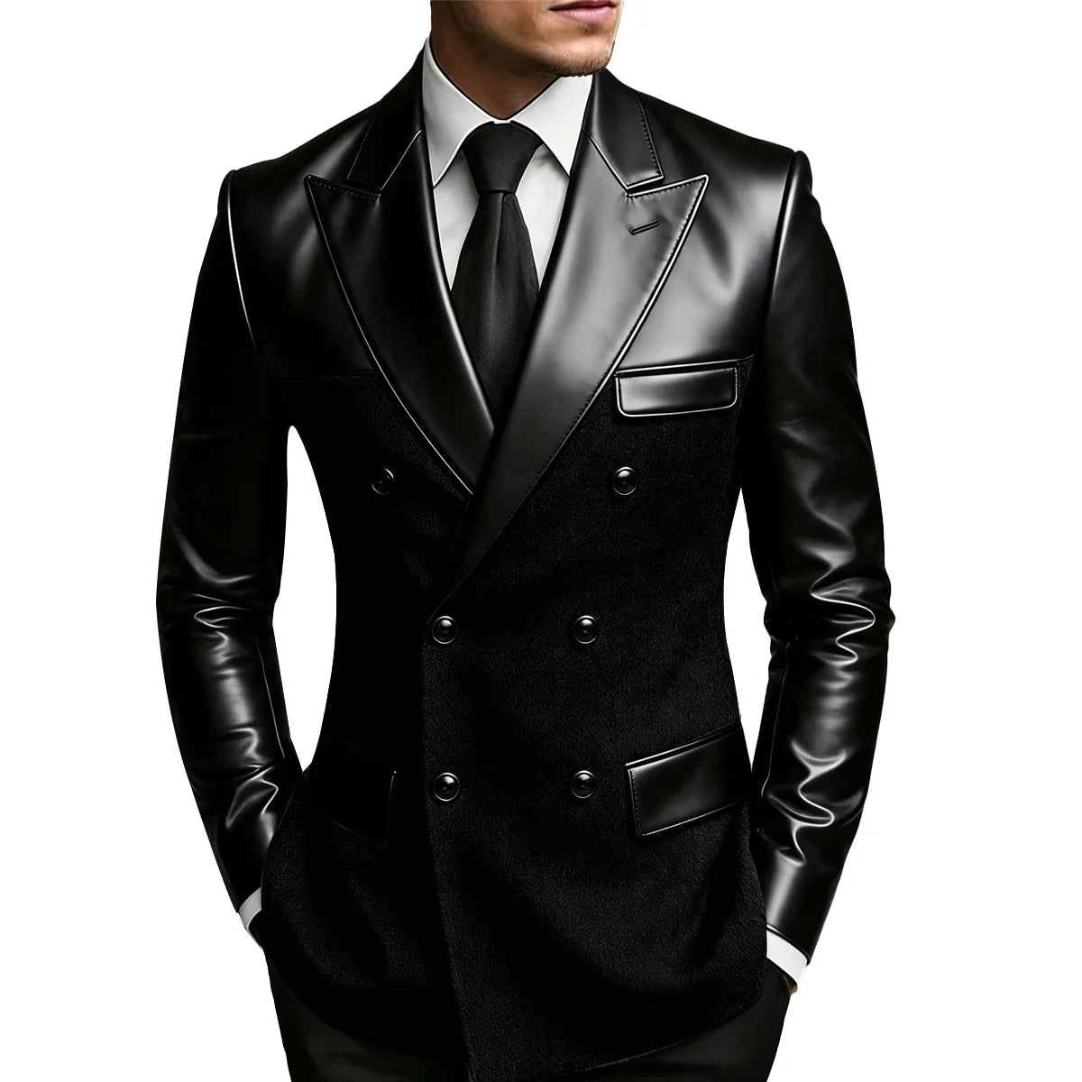 Men's Double Breasted Suit Blazer with Leather Patchwork for Weddings and Formal Events
