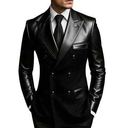 Men's Double Breasted Suit Blazer with Leather Patchwork for Weddings and Formal Events