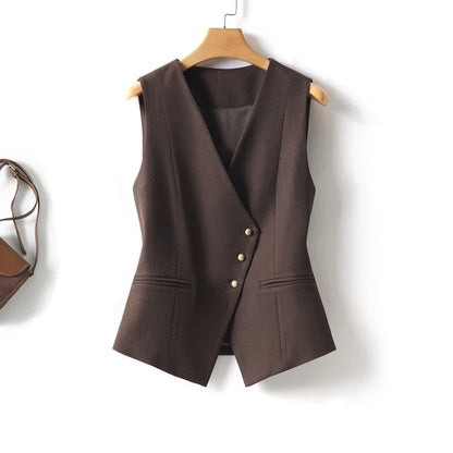 Short V-Neck Suit Vest for Women, Spring and Autumn Slant-Buttoned Top, Perfect for Office Wear and Versatile Vest
