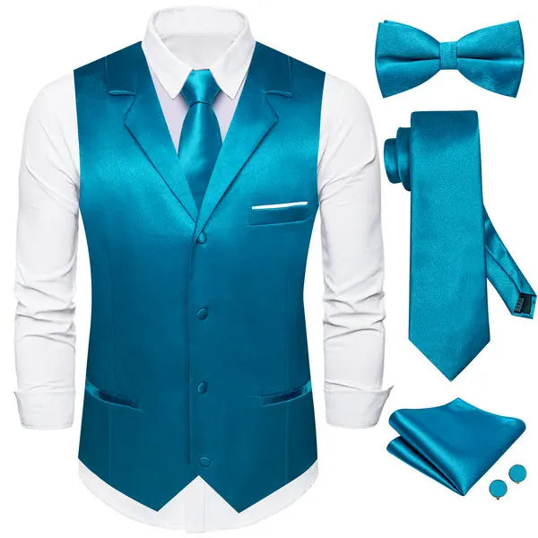 Men's Satin Waistcoat 5-Piece Set with Rose Gold Lapel – Vest, Necktie, Bow Tie, Pocket Square & Cufflinks