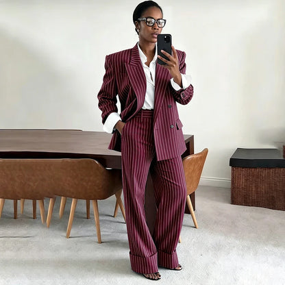 Neutral Gray Pinstripe Oversized Matching Sets Double Breasted Women's Suit Casual Formal 2-Piece(Jacket+Pants) Office Set