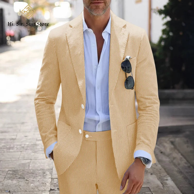 Men's Slim Fit Seersucker 2-Piece Suit Set – Blue Striped Smart Casual & Wedding