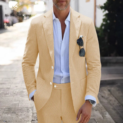Men's Slim Fit Seersucker 2-Piece Suit Set – Blue Striped Smart Casual & Wedding