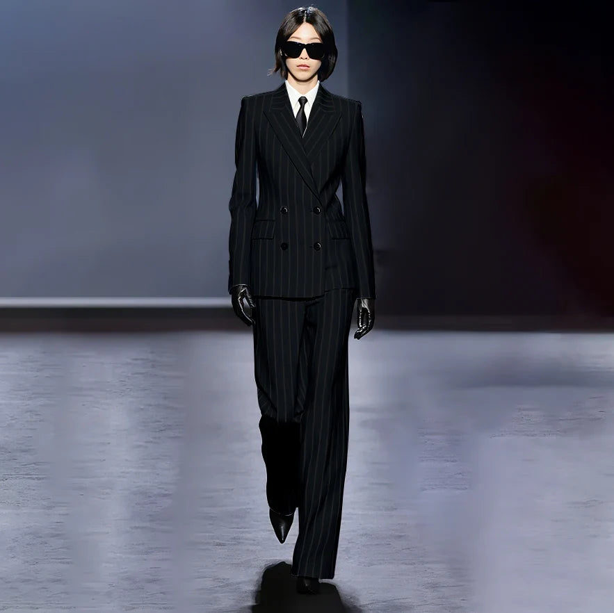 Dark Blue Stripes Women Suit Customized Double-breasted Peak Lapel Two Pieces(Jacket+Pants) Business Office Lady Competent Set