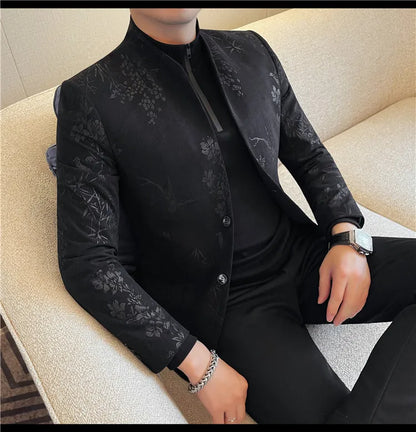 2025 Spring Trendy Jacquard Suit Jacket Men Stand Up Collar Casual Blazers Slim Wedding Business Streetwear Social Dress Coats