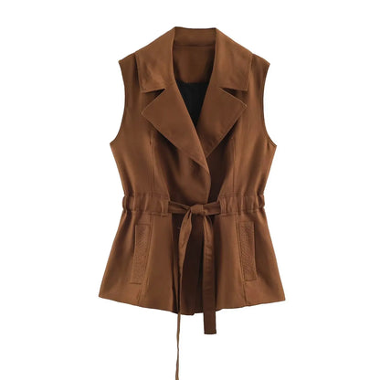 2026 Vintage Fashion Brown Sleeveless Trench Vest Lapel Collar Belted Waist Drawstring Sleeveless Waistcoat With Pockets