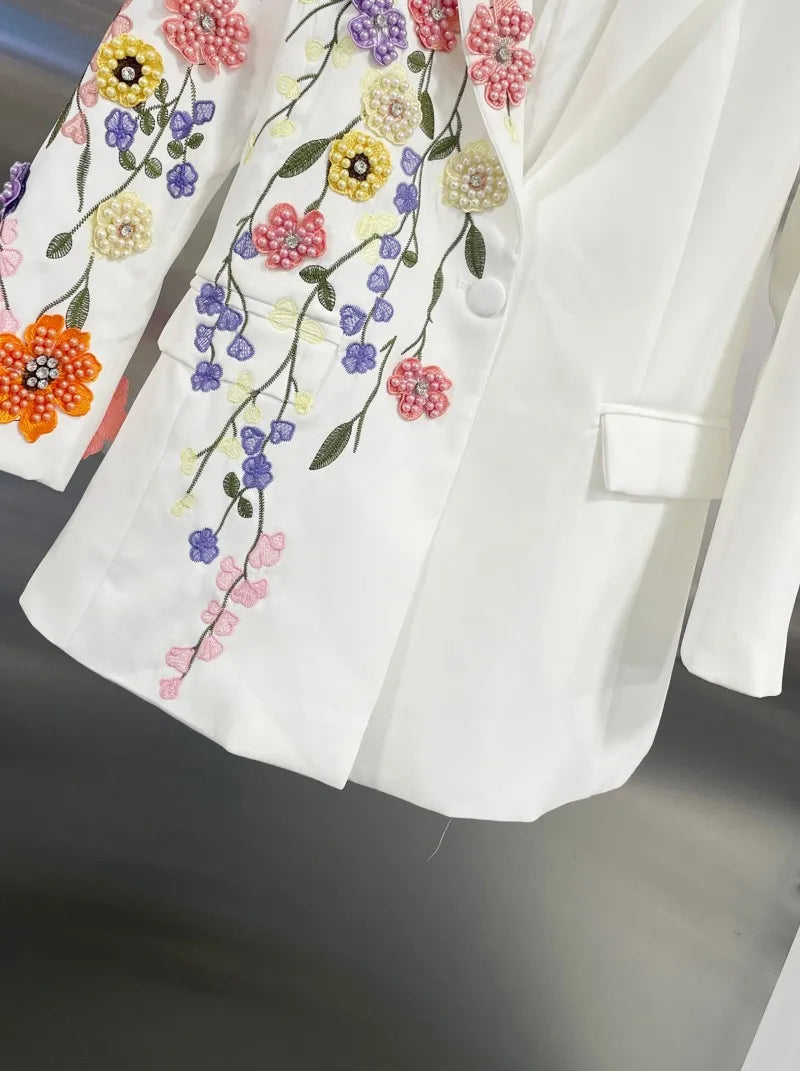 Elegant Women New Autumn Embroidery Floral Blazer Jacket Loose Fit Single Button Work Suit Coat Outwear Fashion Office Ladies