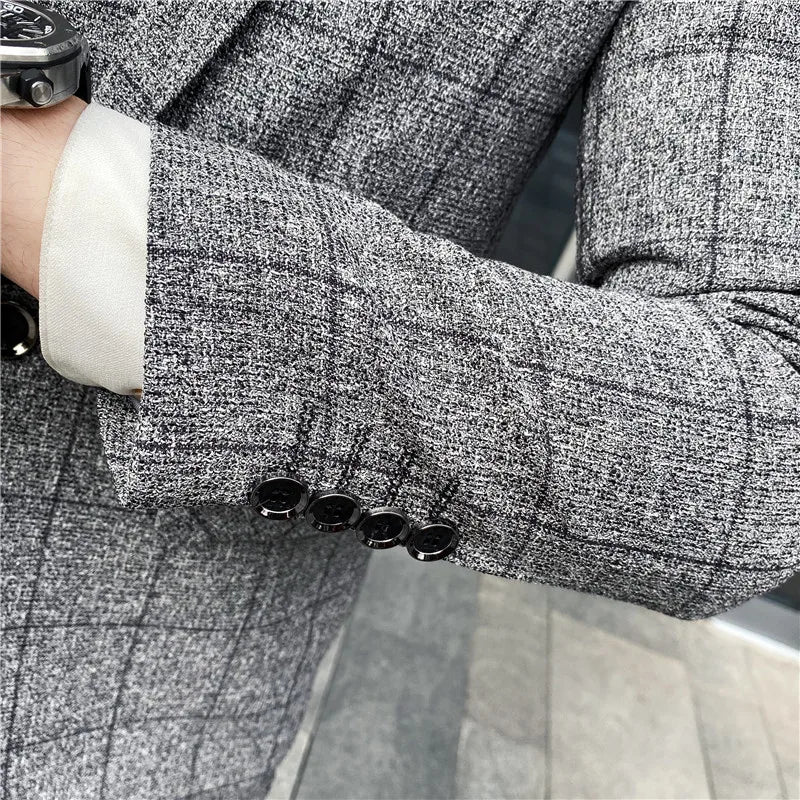 Men's 3-Piece Slim Fit Striped Plaid Suit Set with Vest and Trousers – Wedding & Business