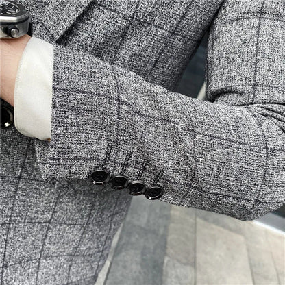 Men's 3-Piece Slim Fit Striped Plaid Suit Set with Vest and Trousers – Wedding & Business