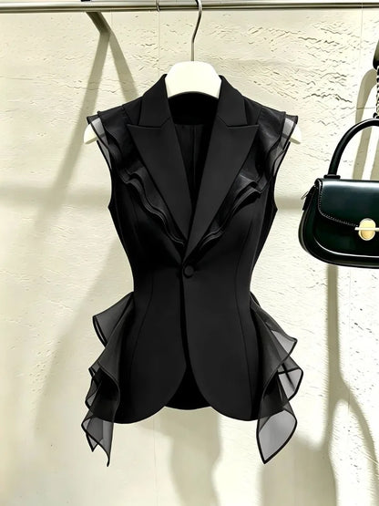 2026 New Black Suit Vest Female Summer Korean Fashion Spliced Flounces Sleeveless Blazers Jacket Waistcoat Women Outerwear Tops