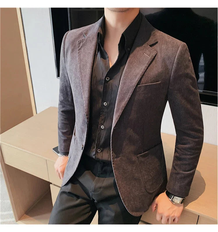 2023 Fashion Men's Corduroy Blazers Top Quality Business Casual Suit Jackets Slim Fit Wedding Groom Streetwear Social Dress Coat