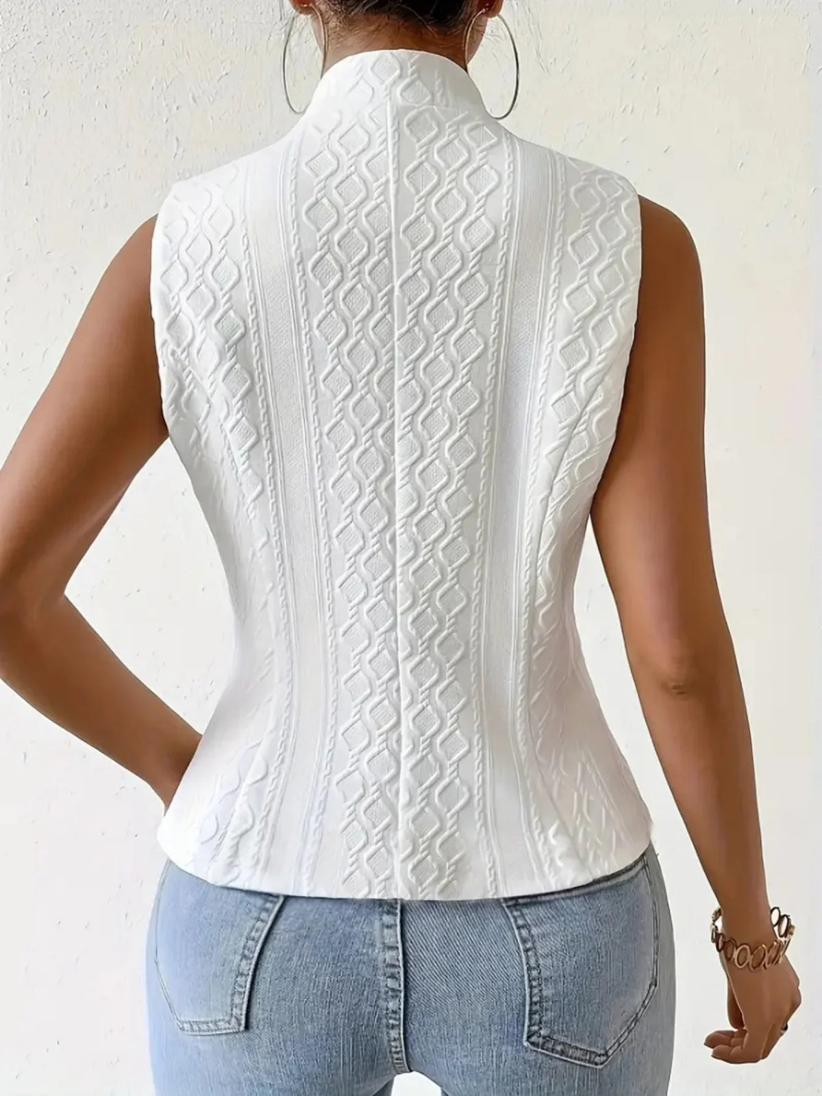 Women's Elegant V-Neck Sleeveless Blazer Vest Solid White Textured Button-Down Slim Fit Waistcoat Top