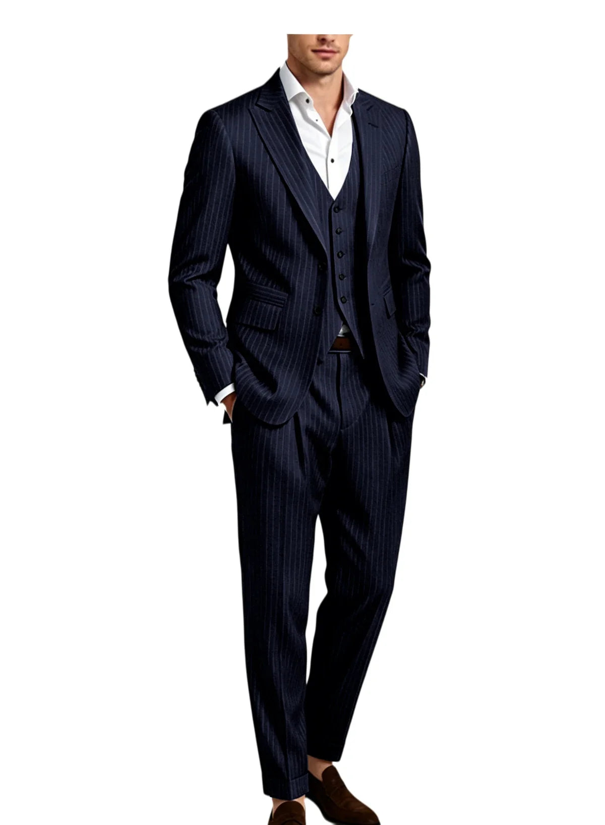 Men's 3-Piece Pinstripe Suit – Slim Fit Notched Lapel Blazer, Vest & Trousers for Wedding & Business
