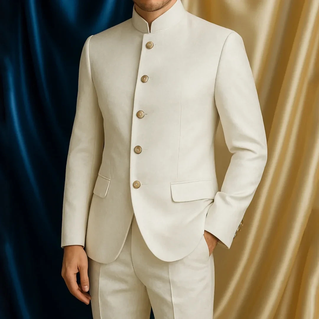 Men Suit 2 Piece Beige Single Button Hight Neck Solid For Wedding Banquet Birthday Party Business Daily Casual Jacket With Pants