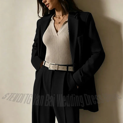 Dusty Blue Women Suits Casual Loose Single Breasted Blazer Pants 2 Piece Minimalist Fashion Office Daily Wear Outfit Set