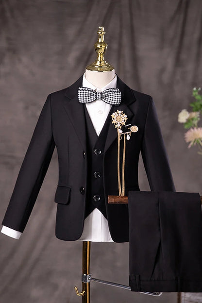 Flower Boys Black Wedding Suit Kids Jakcet Vest Pants 3PC Formal Birthday Set Children Graduation Photograph Performance Costume