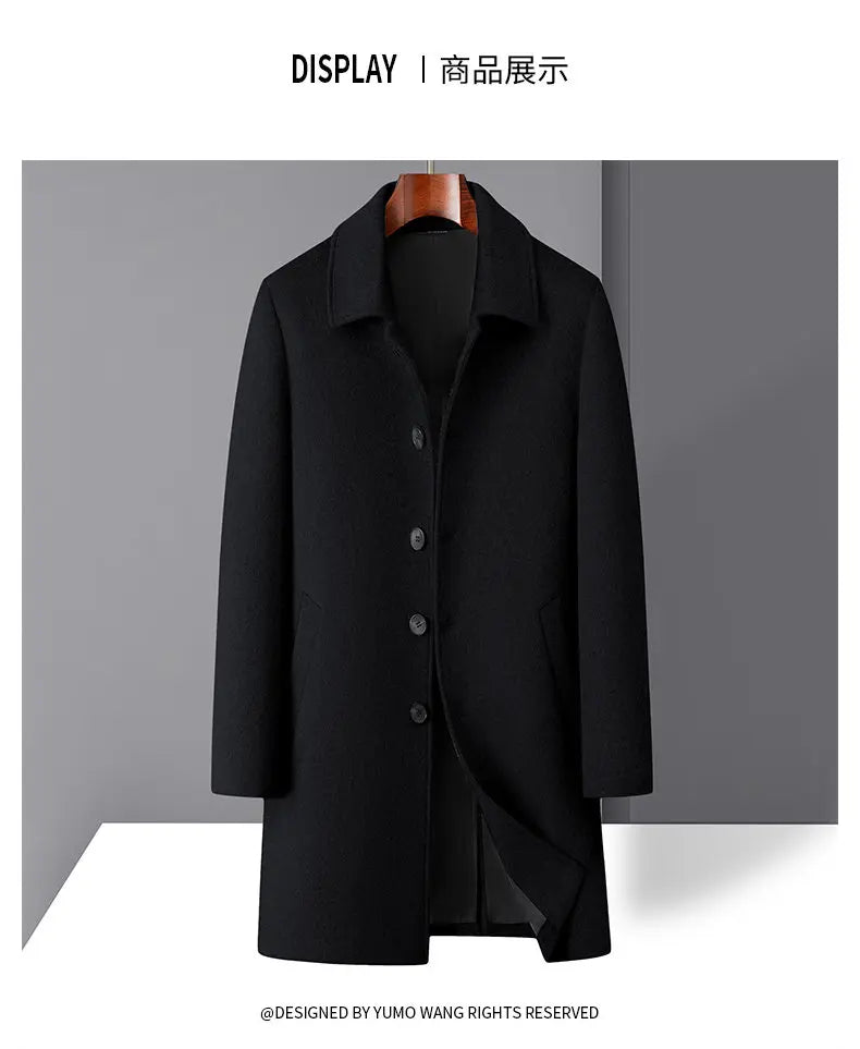 High-quality men's fashionable, stylish and versatile solid-color casual long woolen overcoat, wool woolen overcoat
