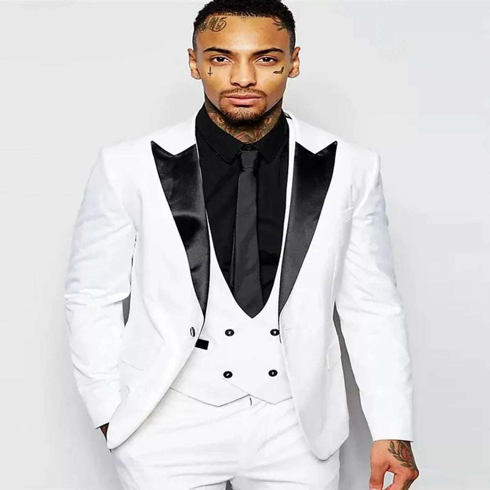 White Fashion Wedding Party Business Casual Slim Fit Suit For Men Peak Lapel 3 Piece (Blazer+Vest+Pants)Costume Homme