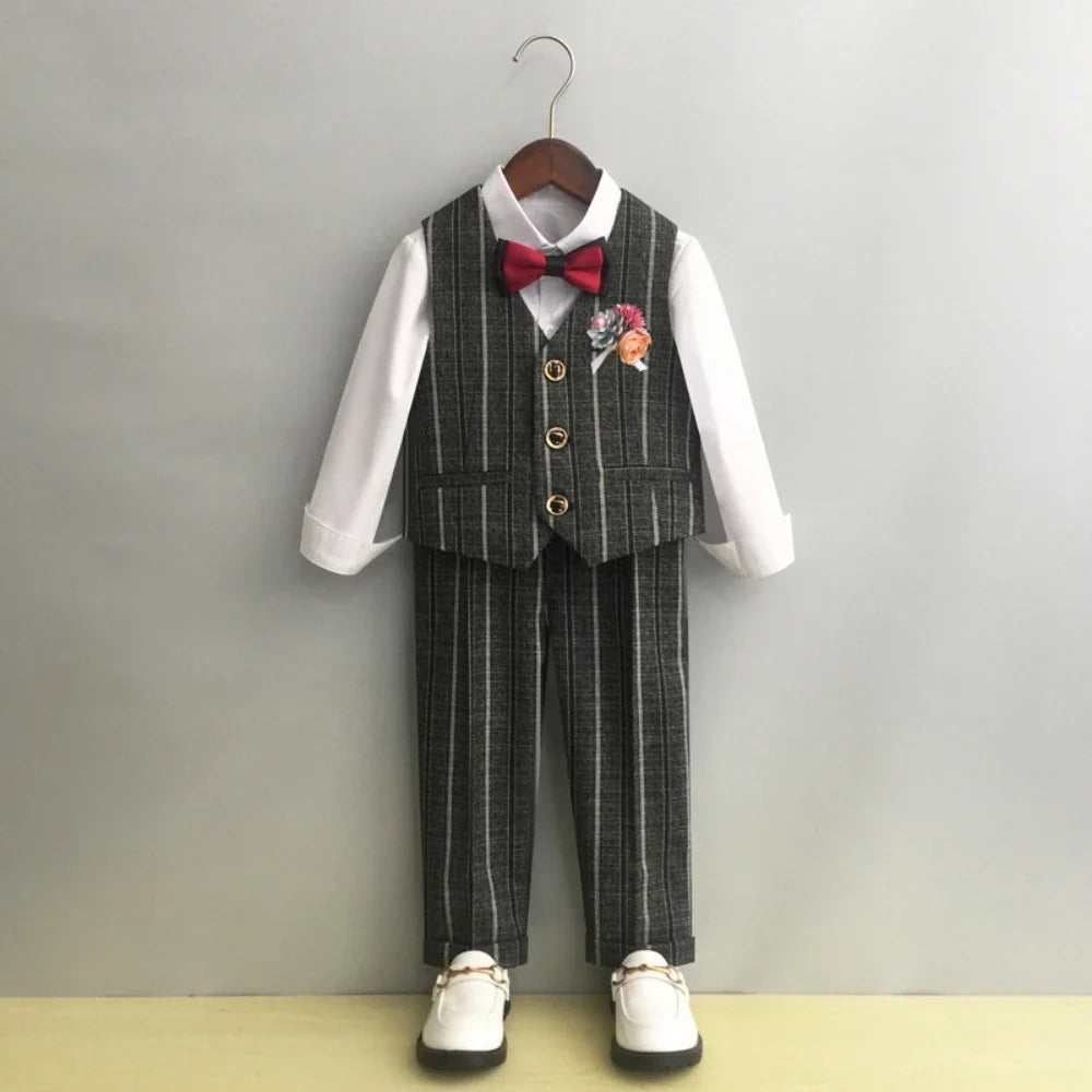 Boys Formal Striped Suit Set 5 Pieces Host Costumes Double Breasted Kids Slim Fit Suits Wedding Ring Bearer Outfit Party Tuxedo