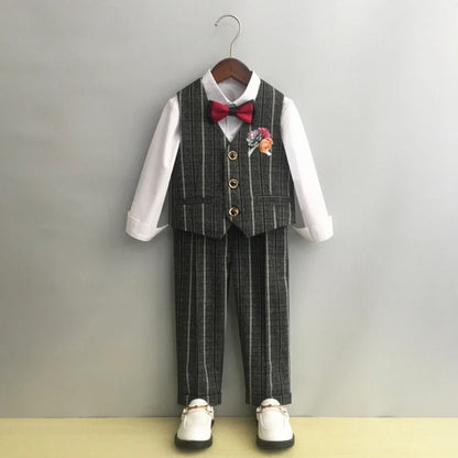 Boys Formal Striped Suit Set 5 Pieces Host Costumes Double Breasted Kids Slim Fit Suits Wedding Ring Bearer Outfit Party Tuxedo