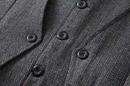 Men's Triple-Breasted Herringbone Tweed Vest – Retro Fake Two-Piece Waistcoat for Weddings & Smart-Casual Occasions