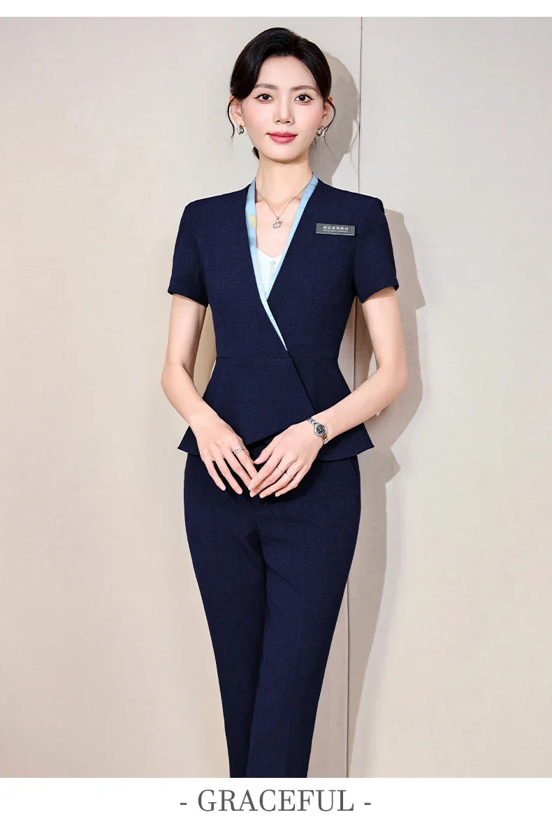 Fashionable professional women's clothing, high-quality short-sleeved suit jacket + pants set, slim and comfortable