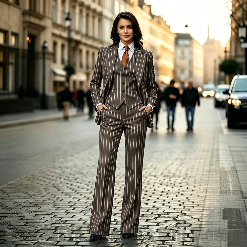 Chic Women Striped Suit 3 Piece Fashion Peak Lapel One Button Outfit Formal Office Work Casual Suits (Blazer+Vest+Pants)
