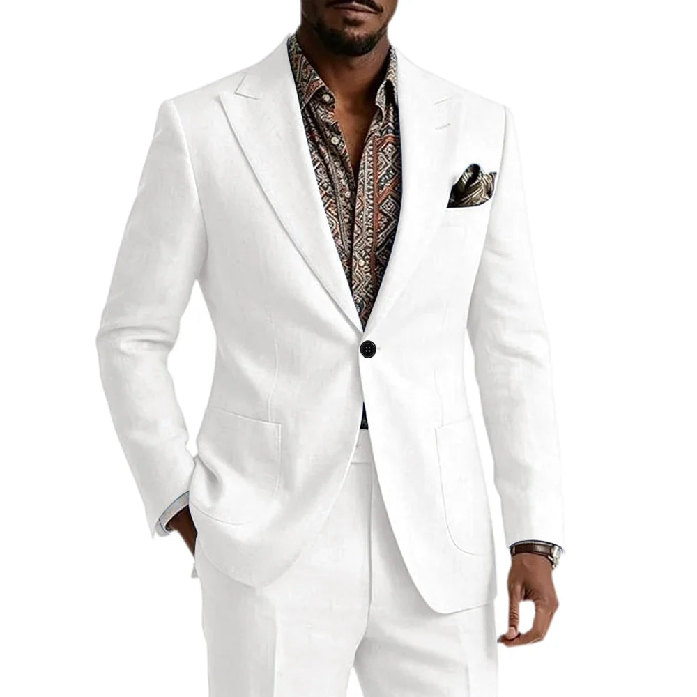 Men's Linen Blend Suit 2 Pieces Set Solid Color Peak Lapel Slim Fit One Button Jacket Pants Formal Outfit Wedding Business Casua