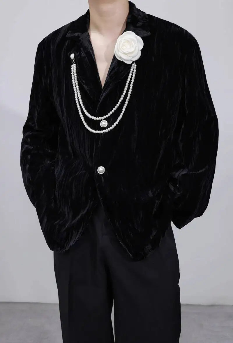 Luxury Elegant Handsome Blazer Coat Men's Original Niche Three-dimensional Pearl Chain Stylish Solid Color Jacket JY4431