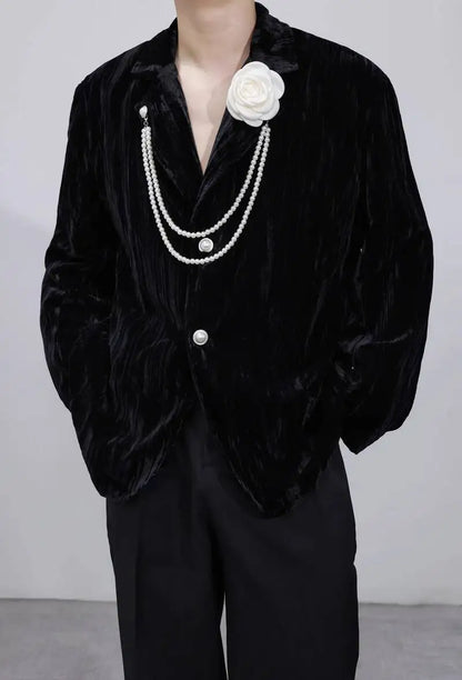 Luxury Elegant Handsome Blazer Coat Men's Original Niche Three-dimensional Pearl Chain Stylish Solid Color Jacket JY4431