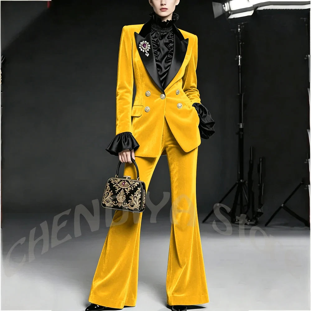 Wine Red Women Suit Stylish Velvet Elegant Outfit Peaked Lapel Blazer Pants Evening Party Prom Female Clothing Two Pieces