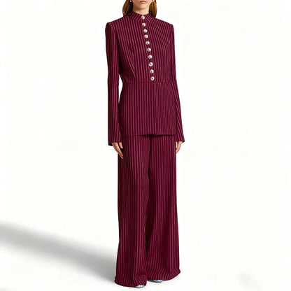 Elegant Women's Suits Pinstripe Two-piece(Jacket+Pants) Set with Stand Collar Gold Single Breasted Business Office Lady Outfit