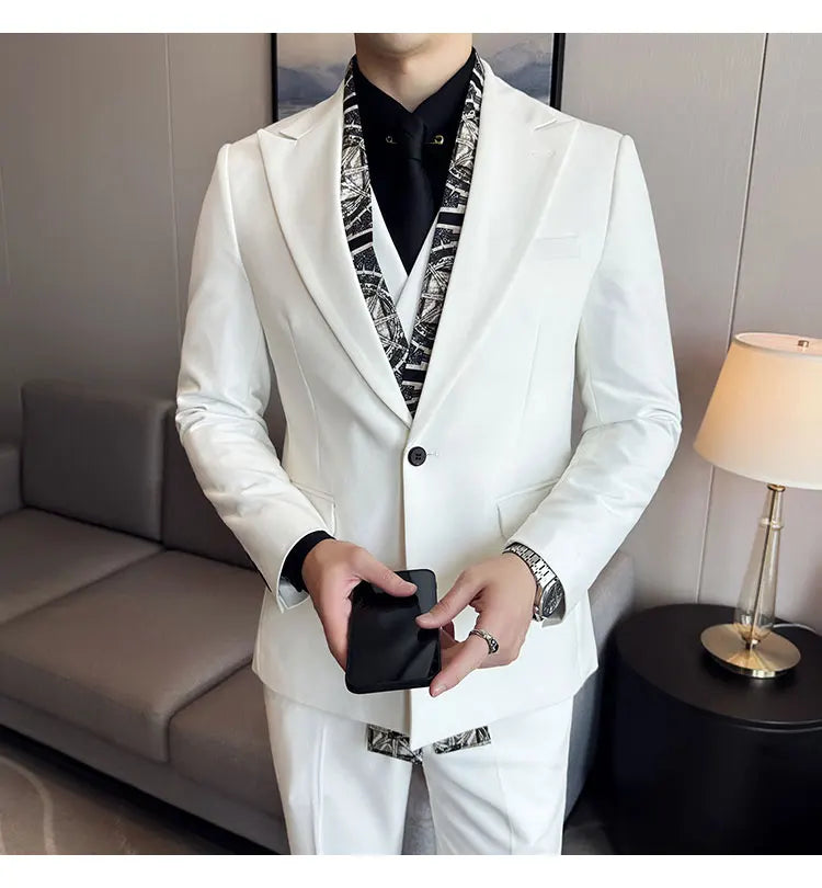 Double Collar Suit Set 3 Pieces Business Formal Casual Suits Vest Trousers Office Work Party Prom Wedding Groomsmen Clothing