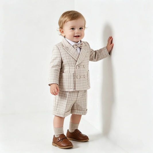 Toddler Gentleman Plaid Suit Set Boys Formal Blazer Waistcoat Suspender Shorts BowTie Wedding Birthday Baptism Party Dress Outft