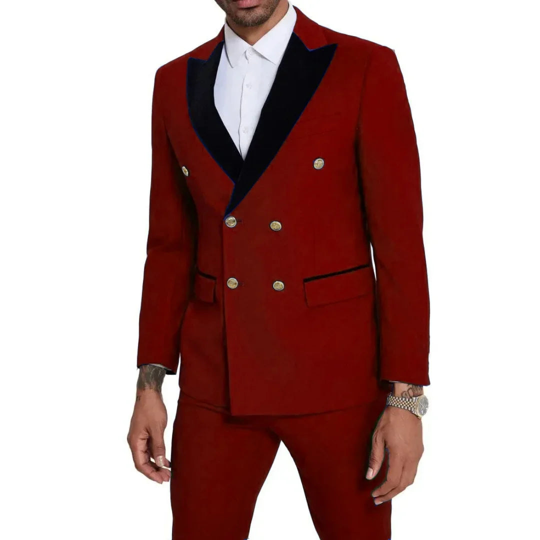 Men Suit 2 Pieces Royal Blue With Black Lapel Double Button For Wedding Business Banquet Party Office Daily Work Jacket And Pant