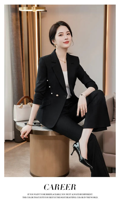 Office Lady Formal Blazer Pants Suits 2 Piece Matching Set Conjuntos Para Mujeres Plus Size Jacket Split Flare Pants Sets New